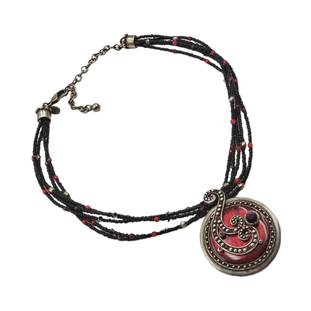 Chico’s Celtic Inspired Abstract Pendant with Ruby/Garnet Colors Stones Choker - Picture 2 of 5